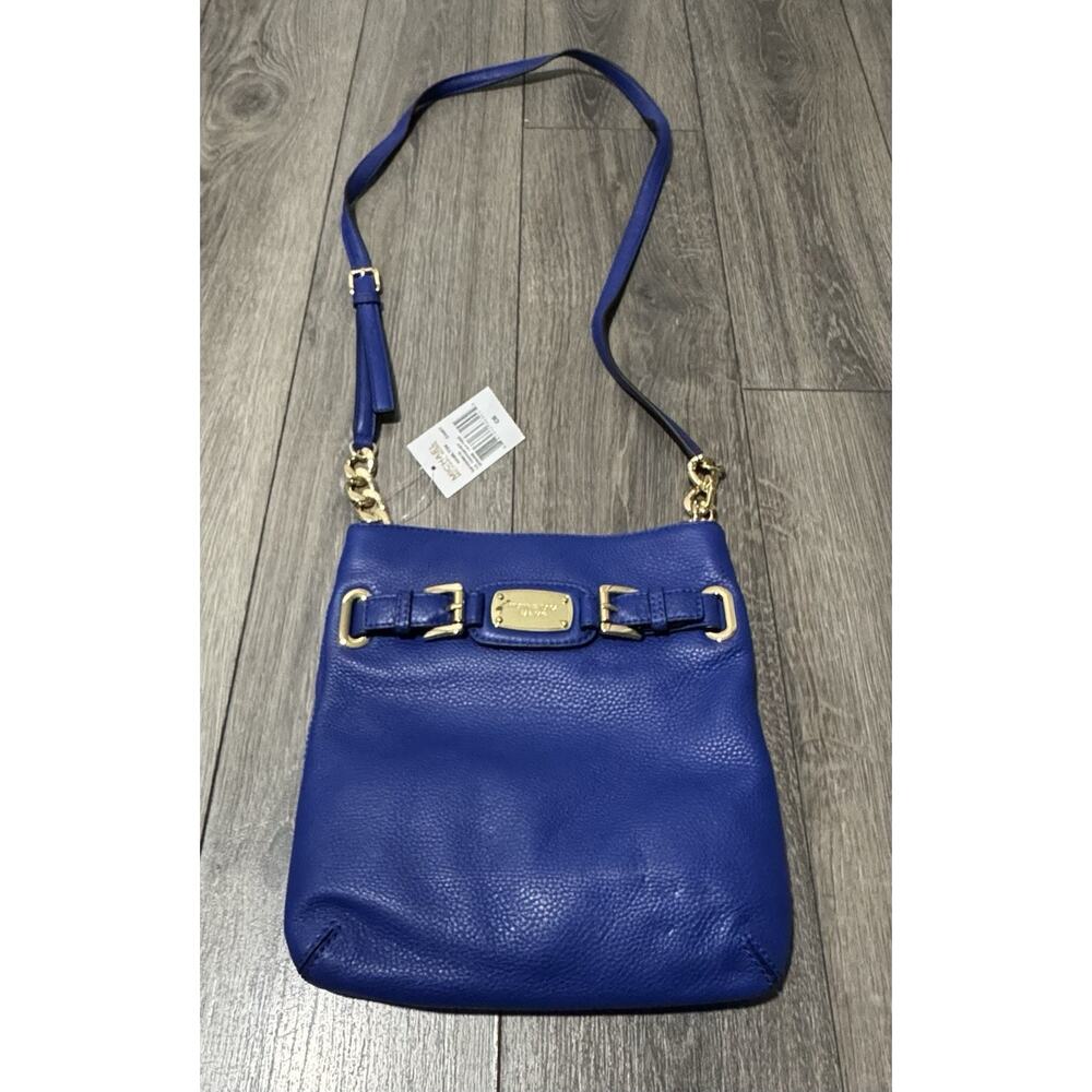 NWT Michael Kors Hamilton Blue Pebbled Leather Crossbody Bag Gold Toned Hardware